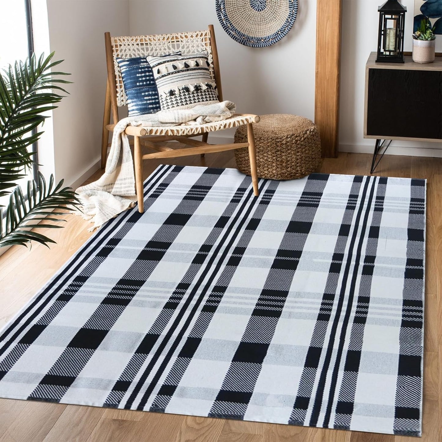Black and White Plaid Rugs for Indoor Outdoor Use, 4ftx6ft