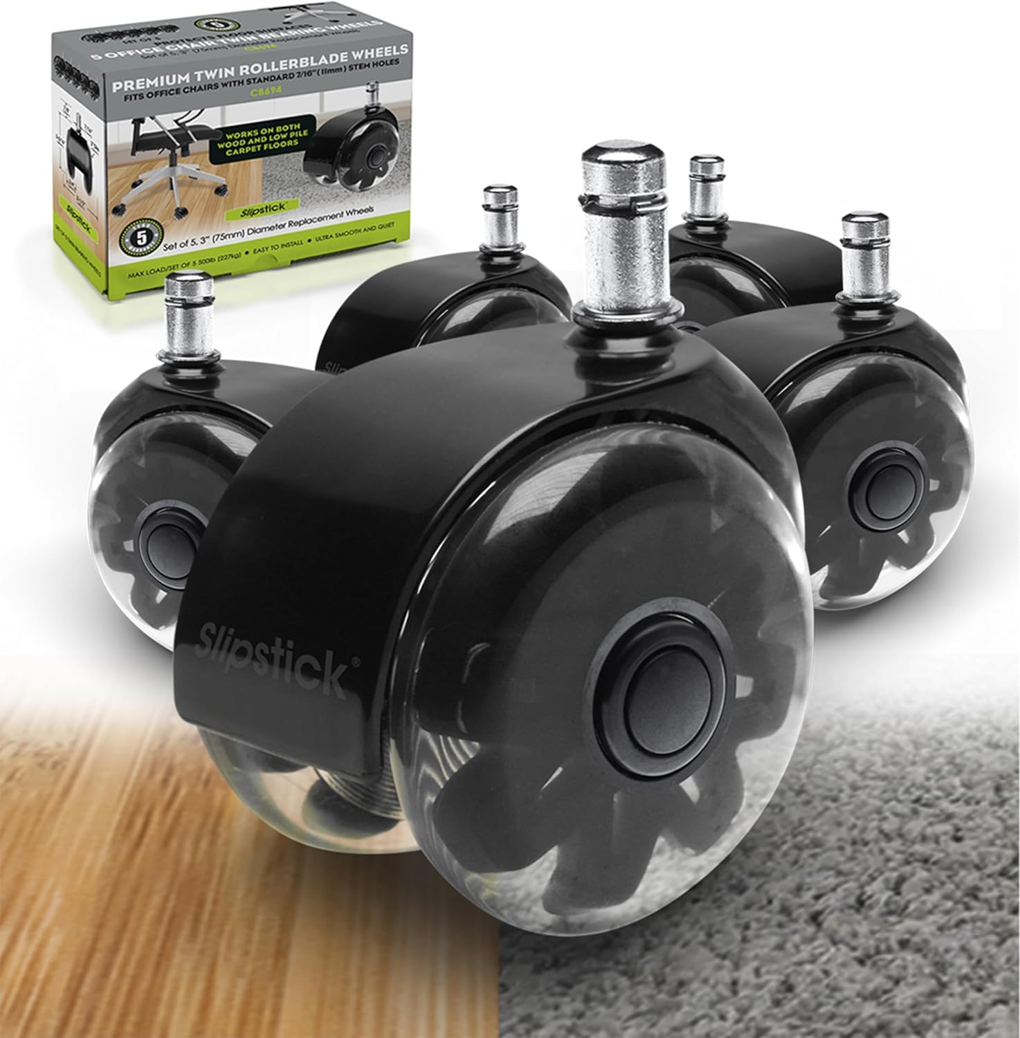 Slipstick Monster 3 Dual Rollerblade Chair Wheels - Smooth & Safe Rolling!