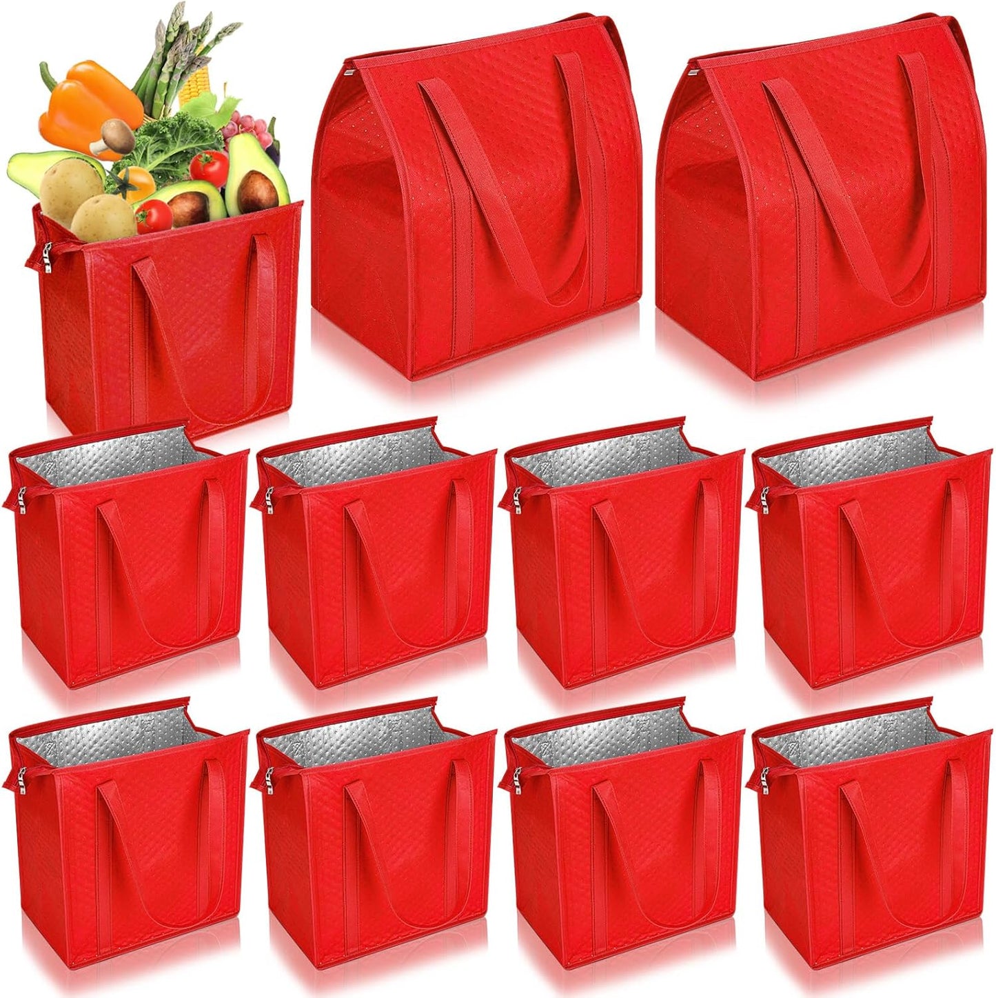 10 Pcs Large Insulated Shopping Bags For Groceries - Red