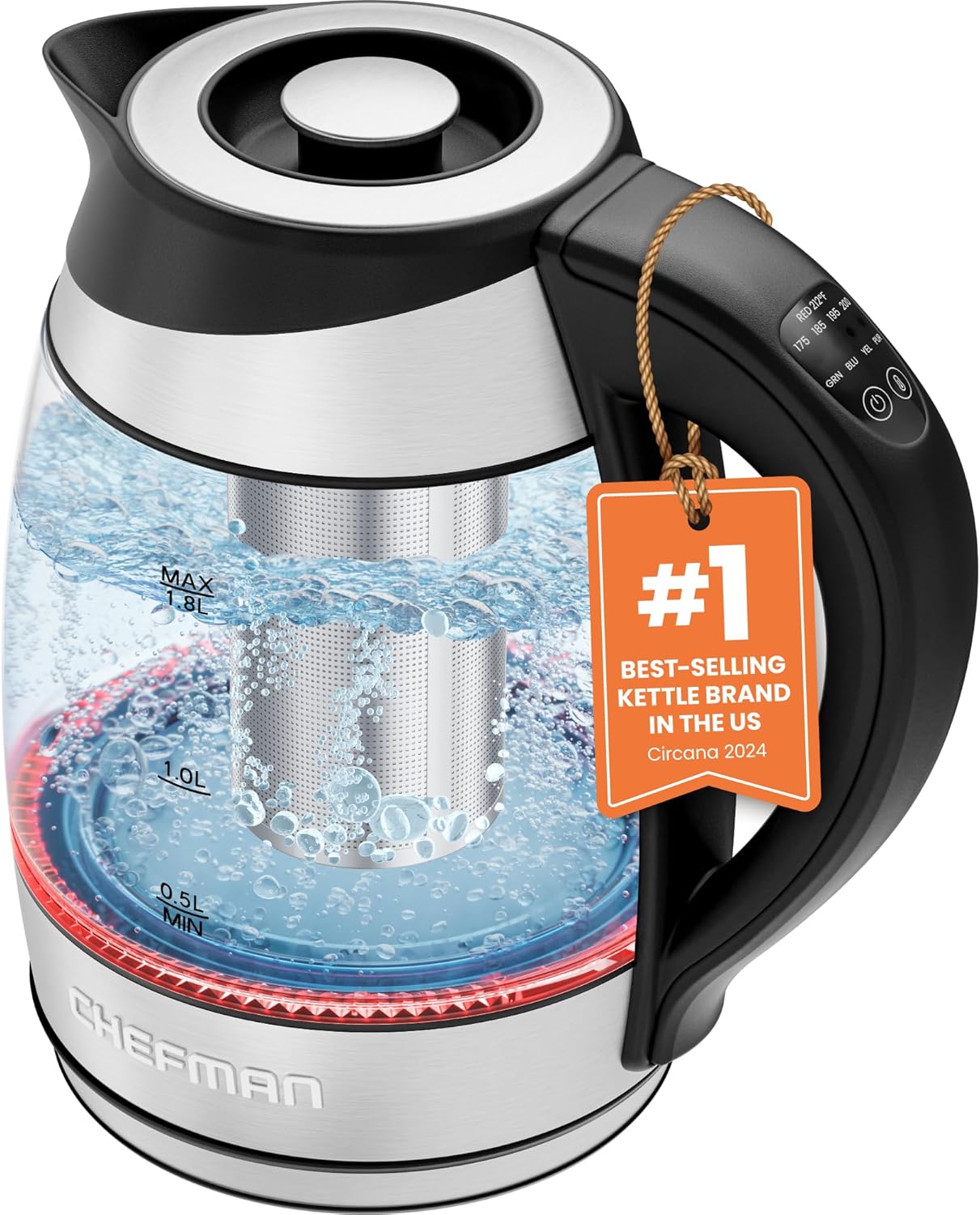 Chefman Glass Electric Kettle | Temperature Control & Tea Infuser
