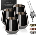 Black Wine Glasses Stemless Stainless Steel Set of 4 - 18oz