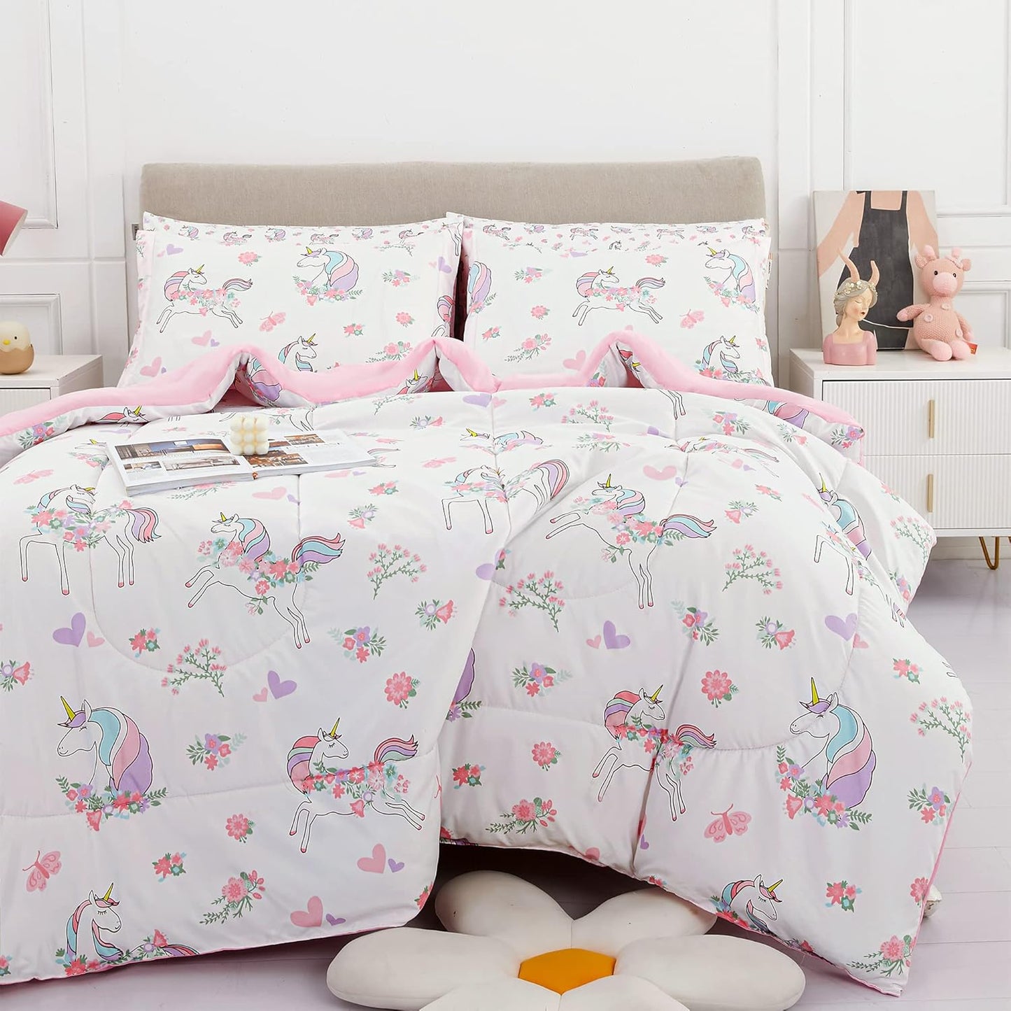Viviland 5 Pieces Twin Pink Unicorn Comforter Set for Girls