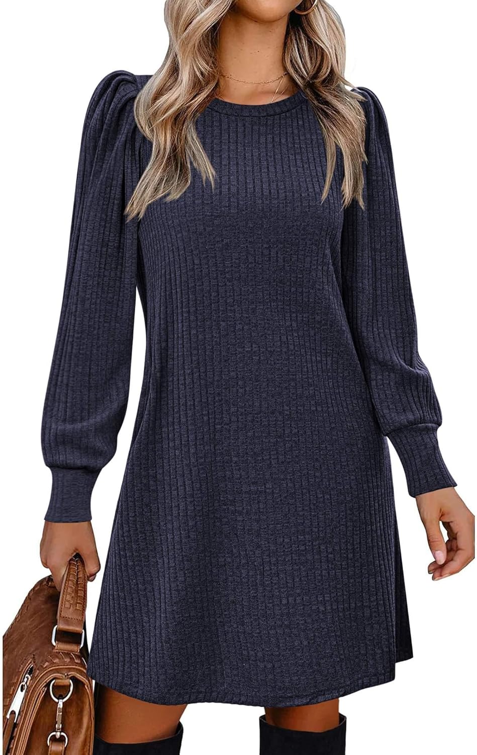 Zeagoo Women's Knit Dress with Puff Sleeves for Fall Fashion