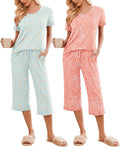 Women's 2 Pack Pajama Set Short Sleeve with Capri Pants - Soft PJs