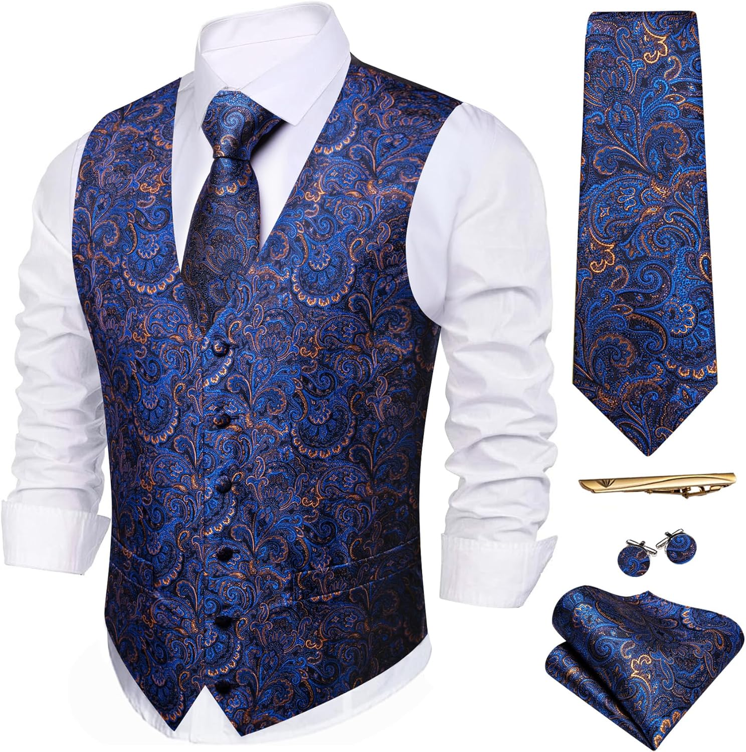 Barry.Wang Men's Suit Vest Set with Tie and Pocket Square 5PCS