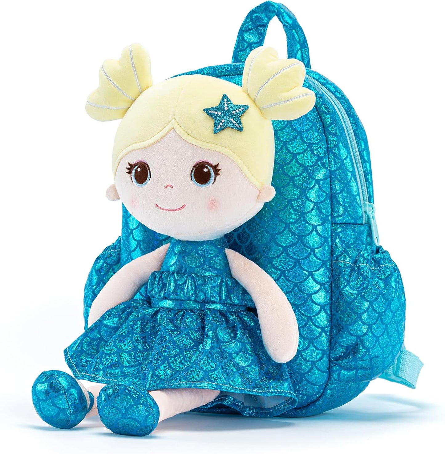 Toddler Backpack for Girls - Plush Doll Dress Blue 11Inches