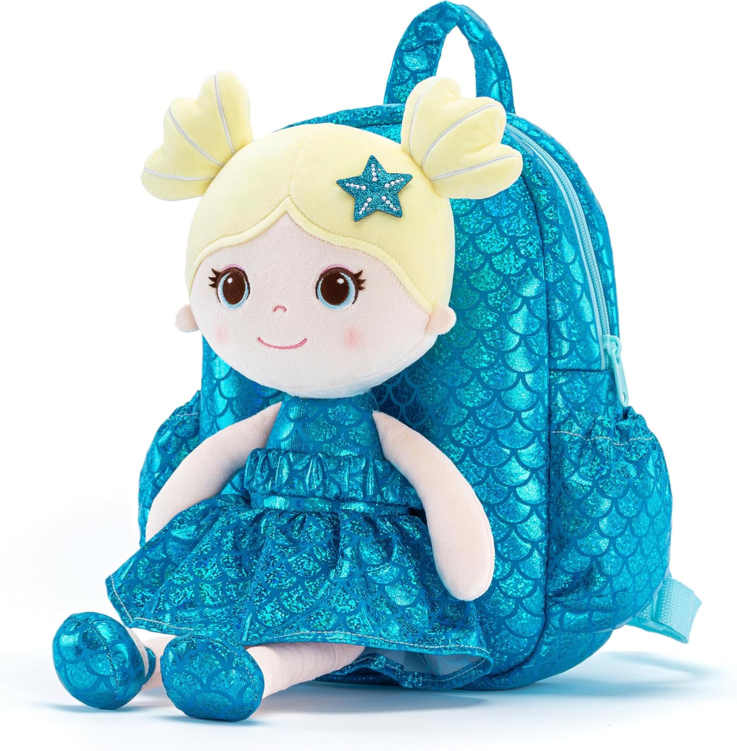 Toddler Backpack for Girls - Plush Doll Dress Blue 11Inches