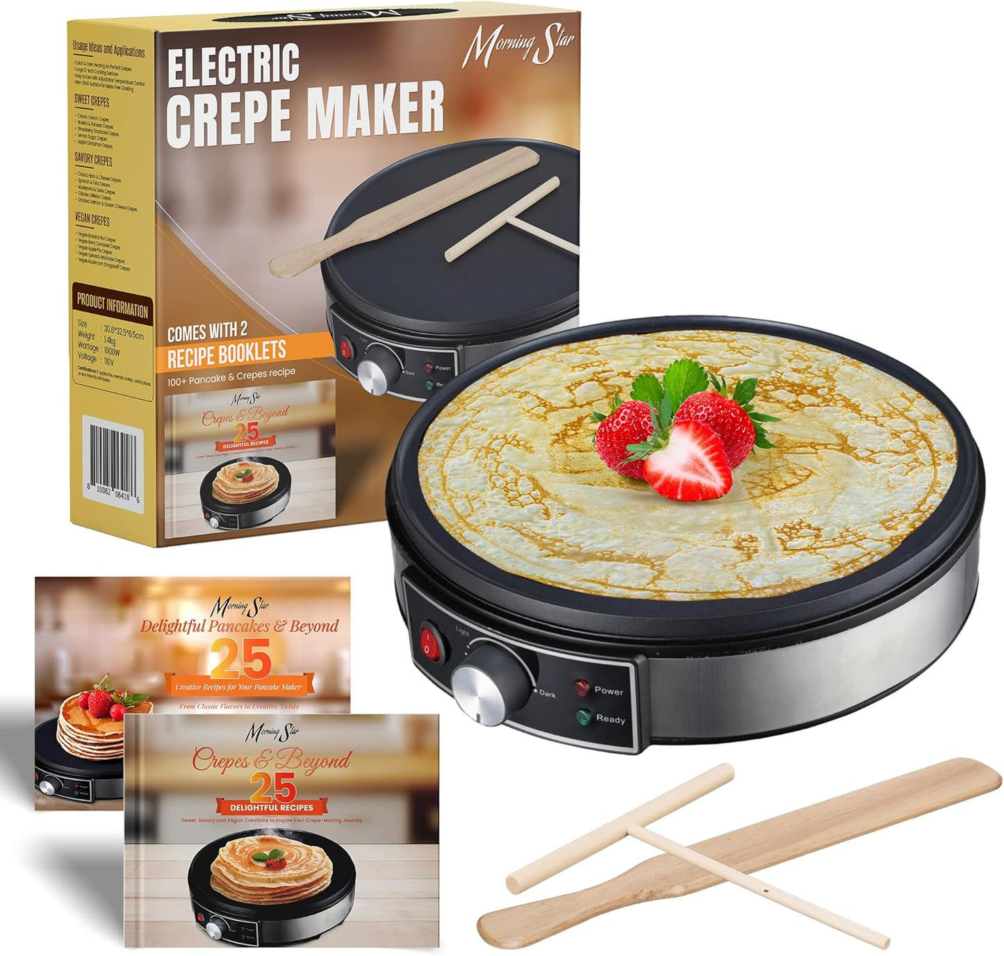 Morning Star Electric Crepe Maker | Nonstick Cooktop | Portable & Adjustable | Includes Accessories