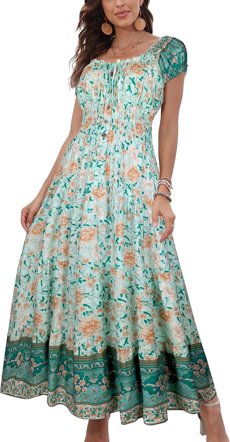 OSTOO Women's Boho Floral Print Maxi Dress for Summer Fun