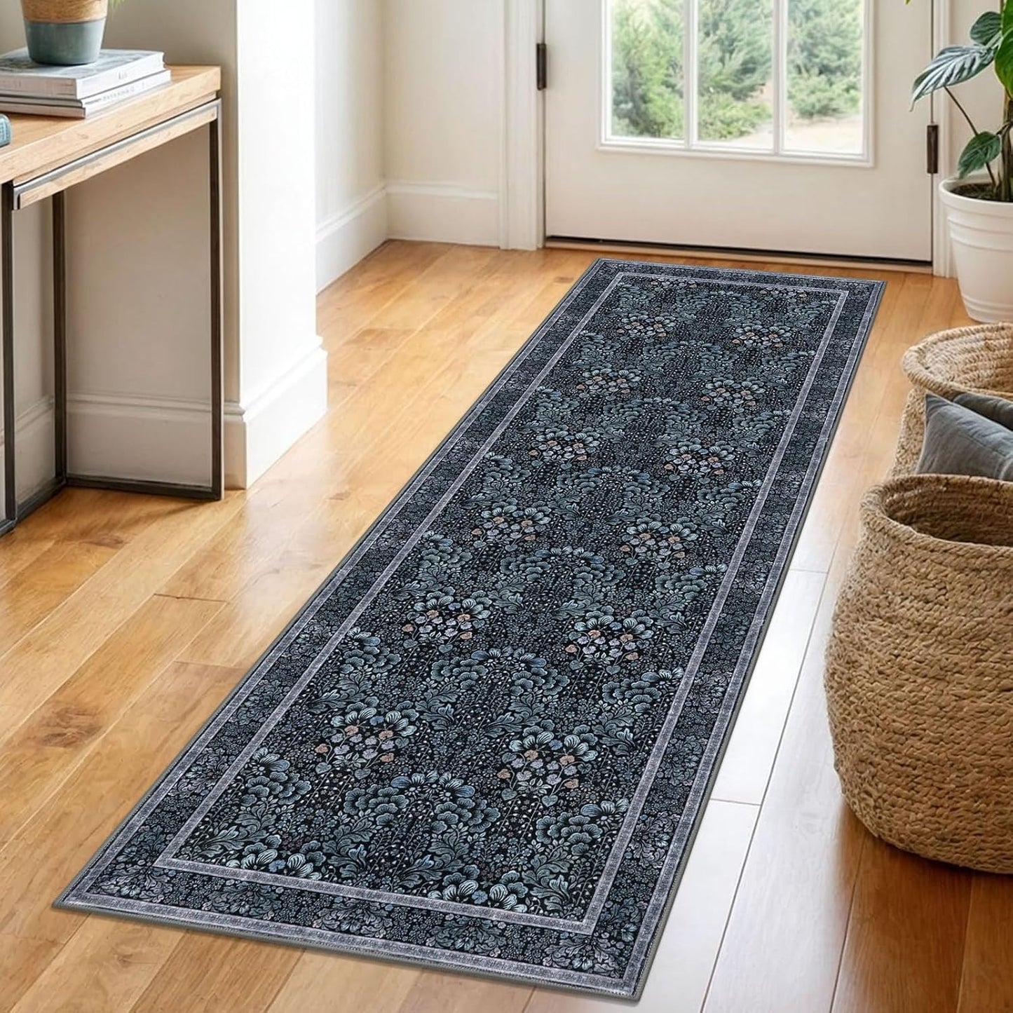 2x6 Navy Blue Black Washable Runner Rug for Hallways and More