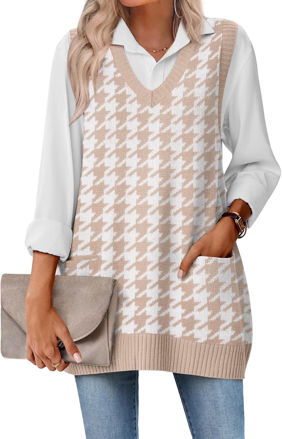 Zeagoo Women's Sweater Vest 2025 Oversized V Neck with Pockets