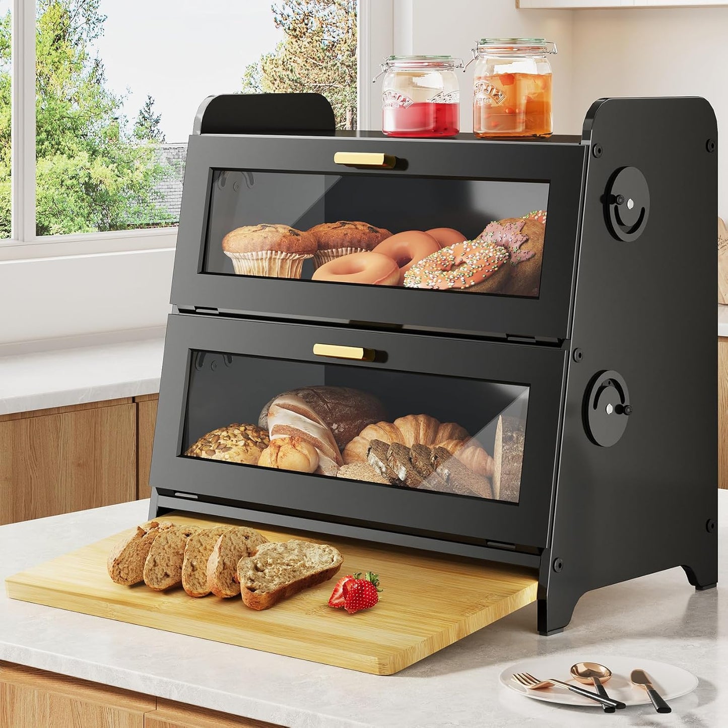 SNTD Bread Box with Bamboo Cutting Board for Fresh Storage