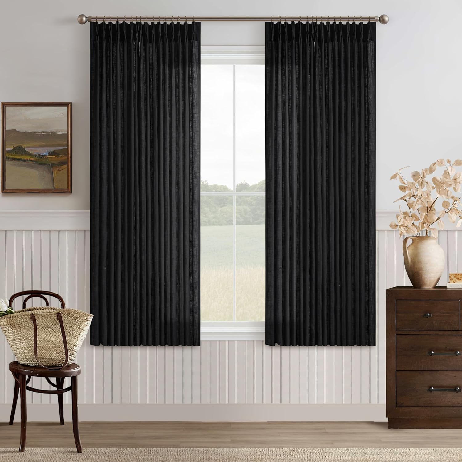 Black Linen Semi Sheer Curtains for Kitchen Dining Windows