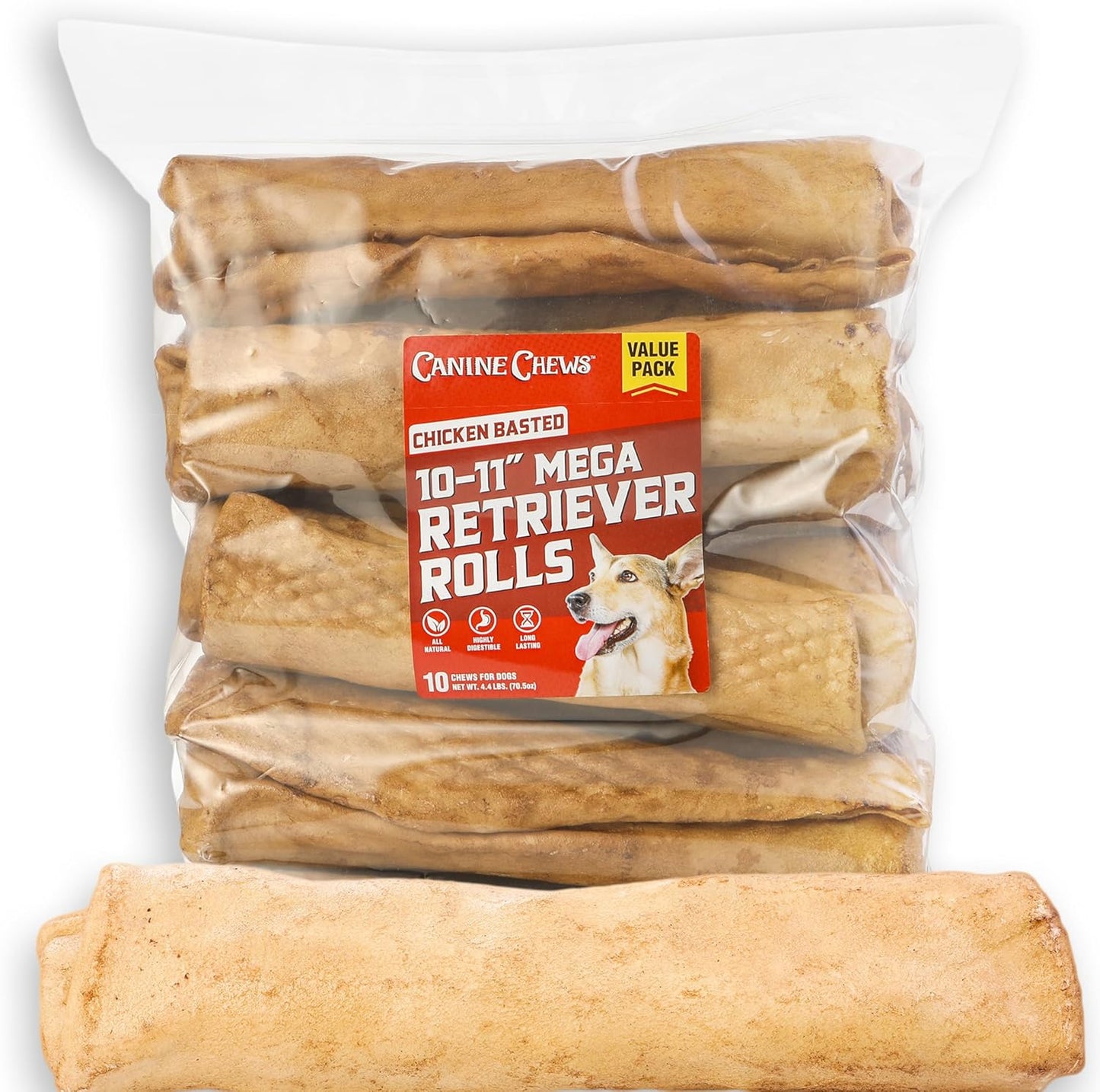 Canine Chews 10-11in Beef-Basted MEGA Retriever Rolls for Dogs