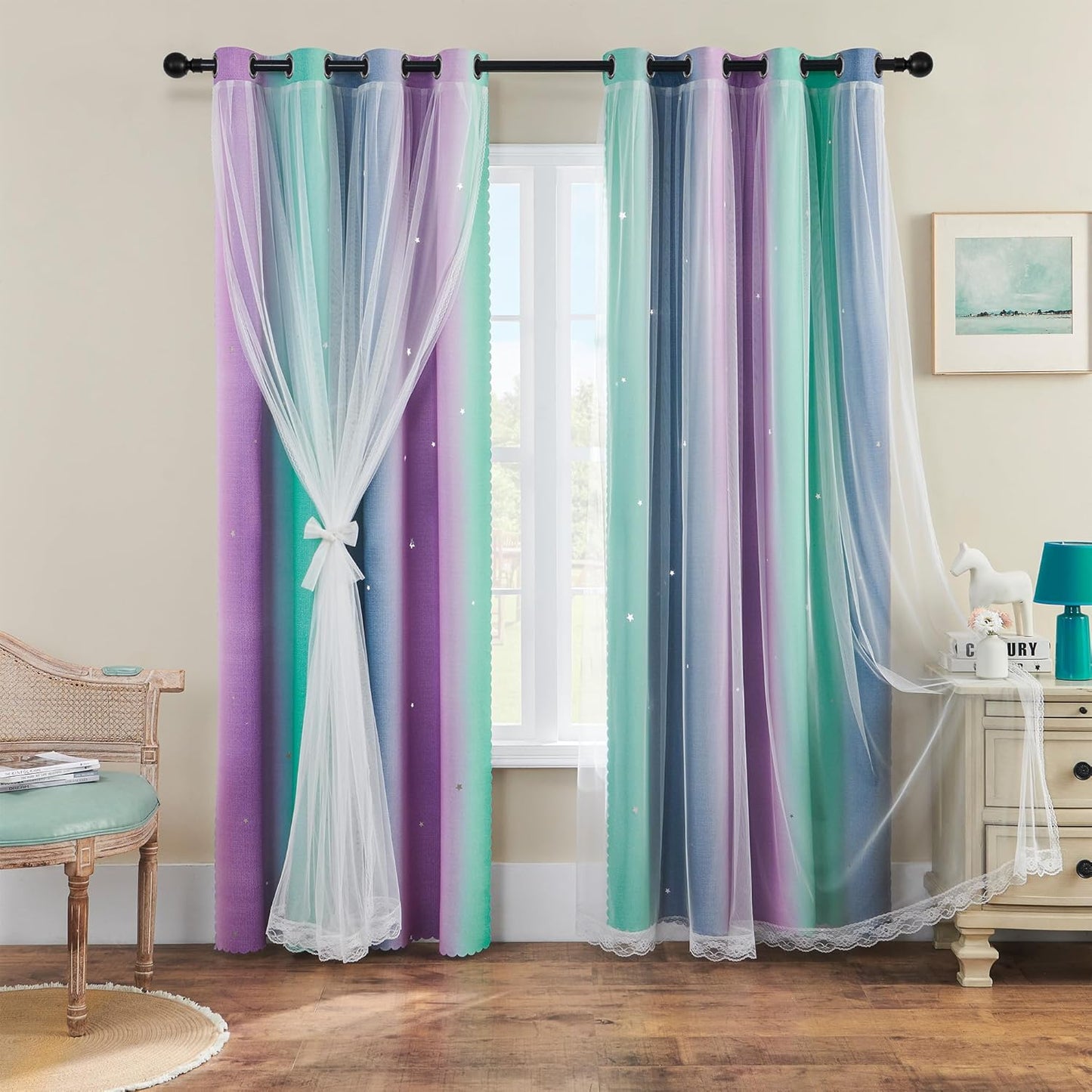XiDi Purple Grey Curtains for Kids Bedroom with Rainbow Design