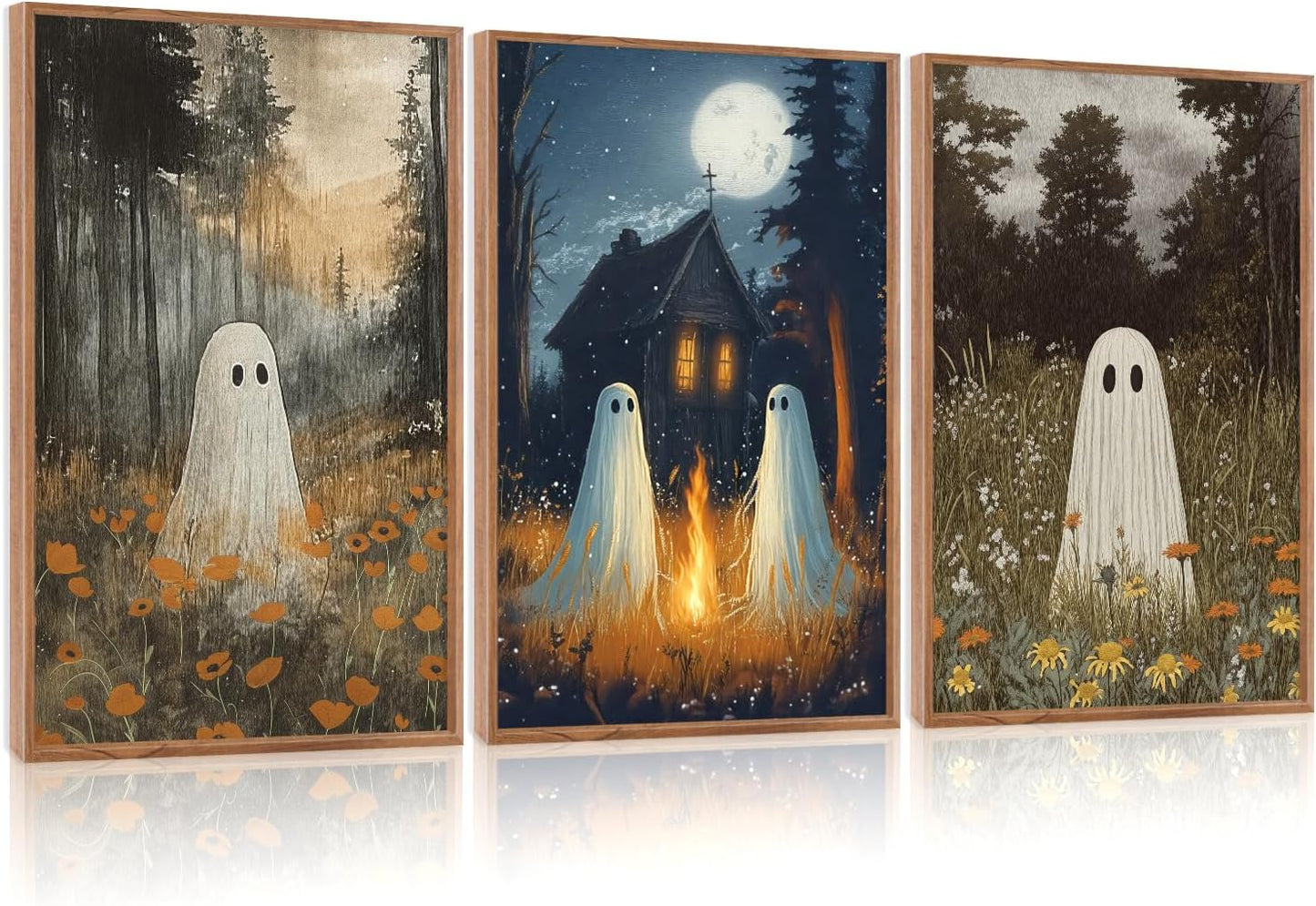 Spooky Ghost Framed Canvas Wall Art Set for Halloween Decor