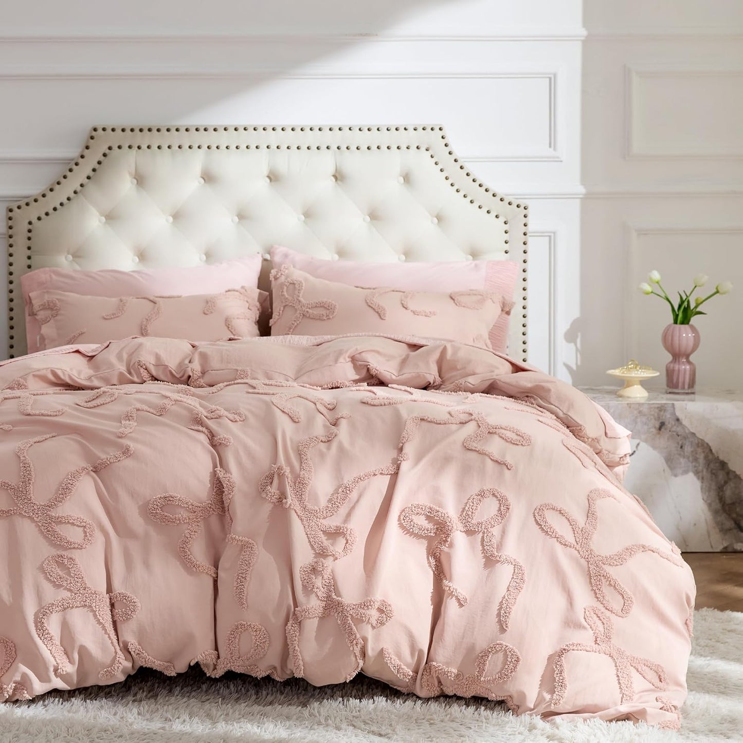 Boho Duvet Cover Queen Size - Rose Pink Tufted Bedding Set