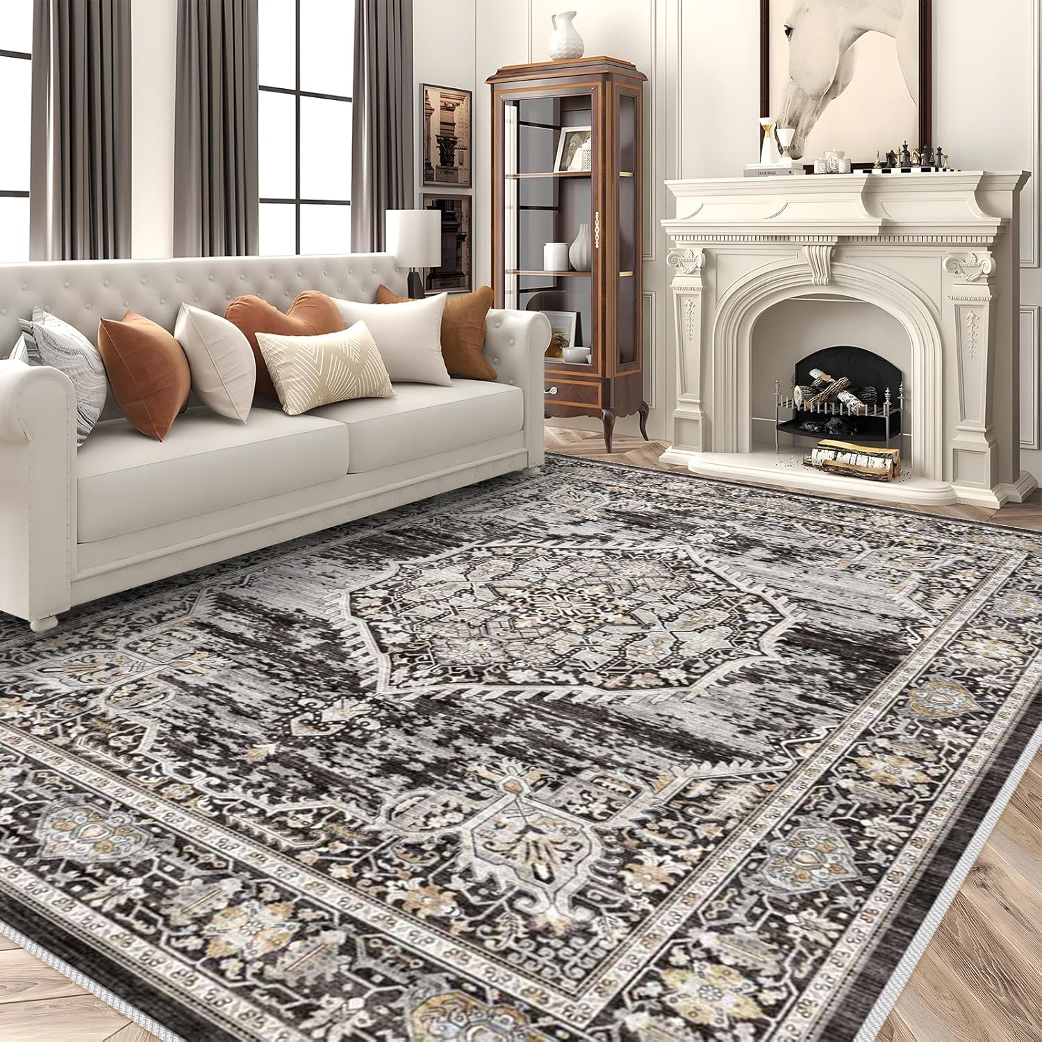 Washable 9x12 Area Rug: Non-Slip Floral Carpet for Living Room