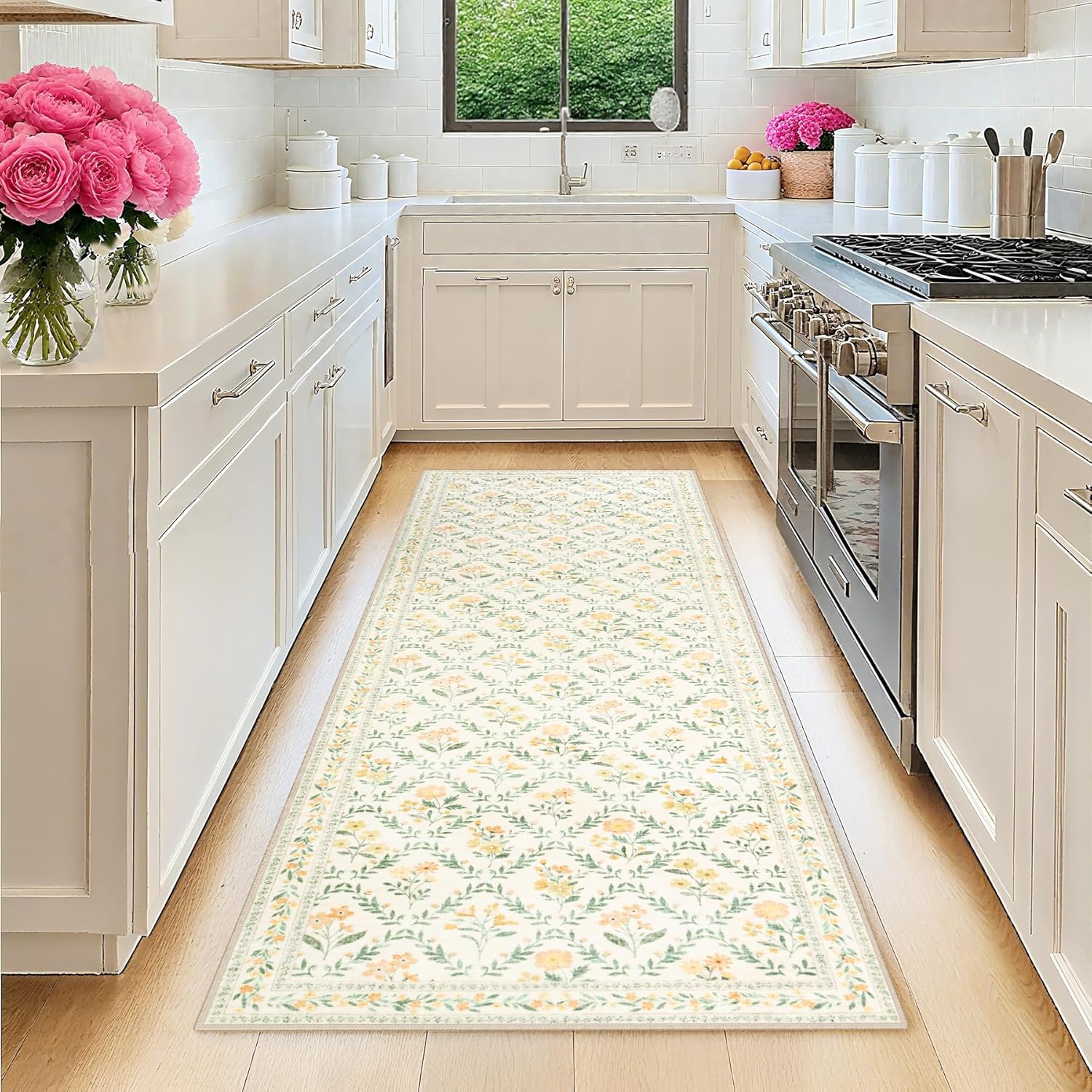 Elegant Floral Runner Rug for Entryway and Kitchen Spaces