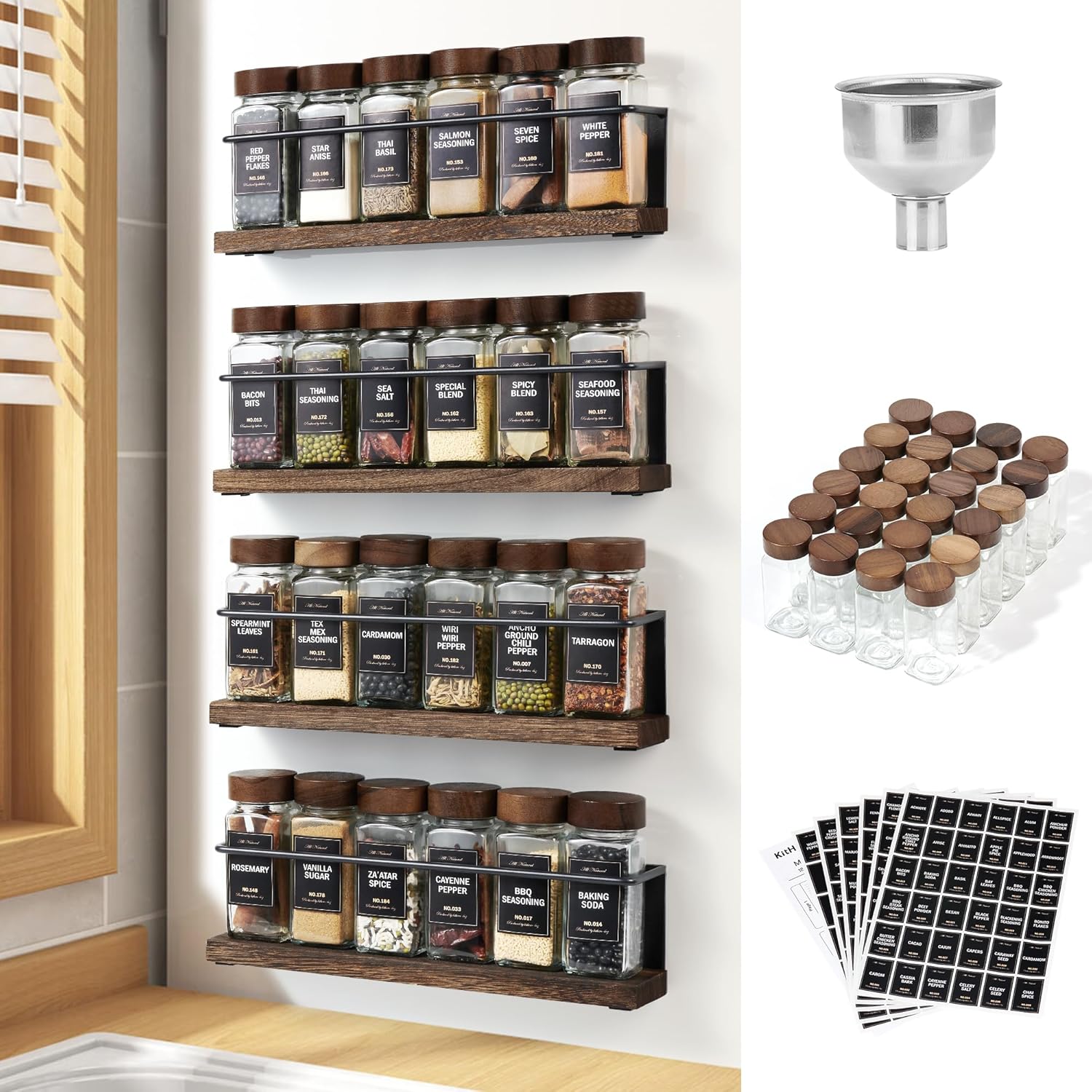 Wooden Lid Magnetic Spice Rack with 24 Jars and Labels Set
