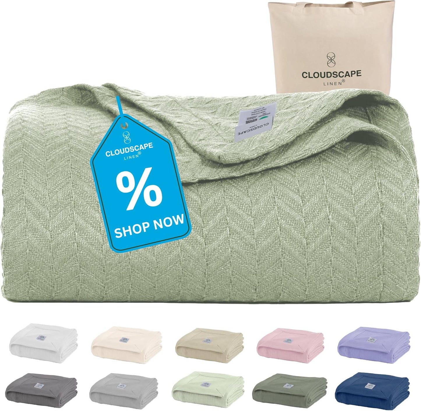 Cloud Scape Linen Herringbone Cotton Twin Blanket for Comfort