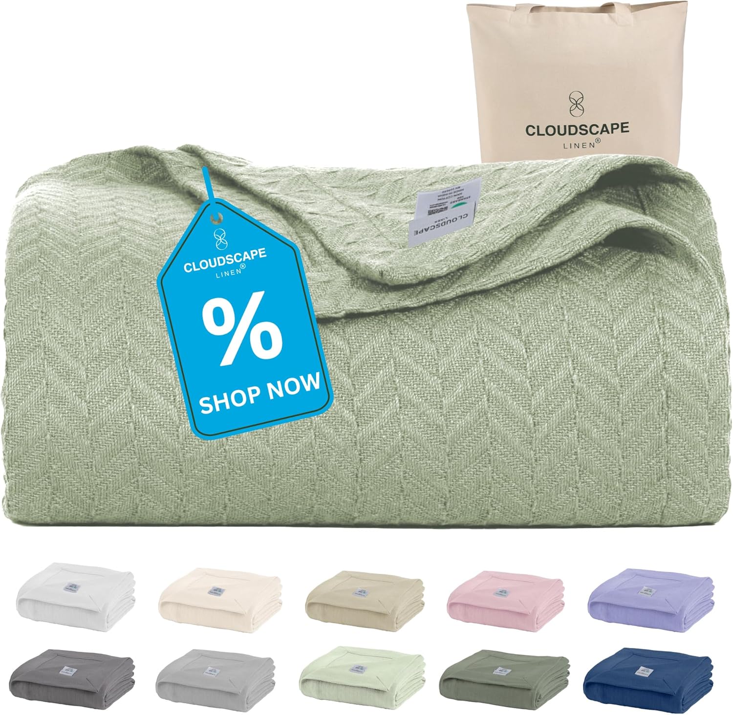 Cloud Scape Linen Herringbone Cotton Twin Blanket for Comfort
