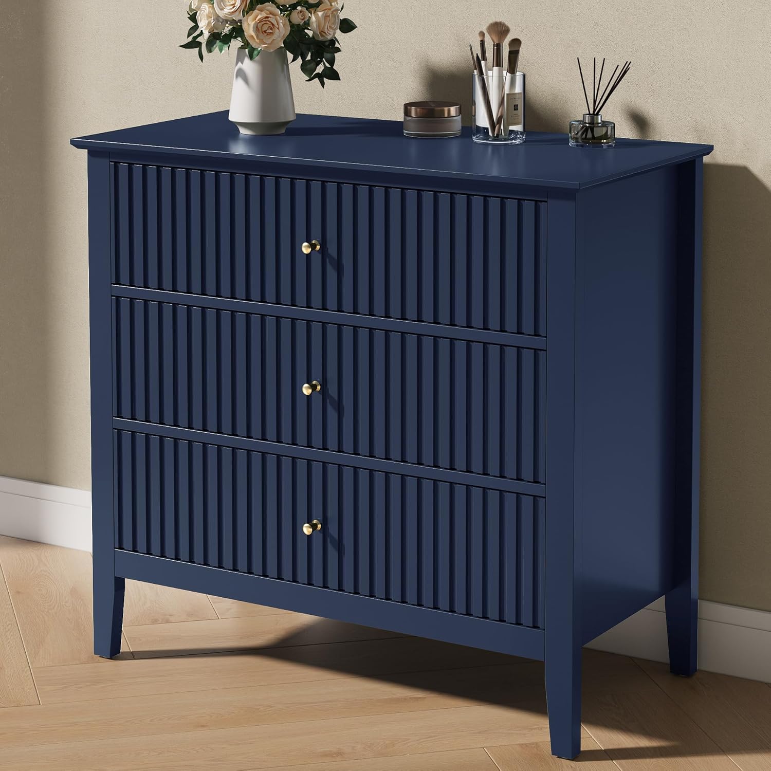 Fluted 32 inch Wide Nightstand with 3 Drawers for Bedroom