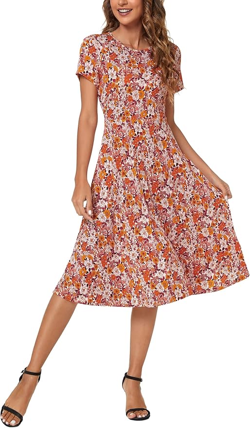 Urban CoCo Women's Floral Print Short Sleeve Flared Midi Dress Review