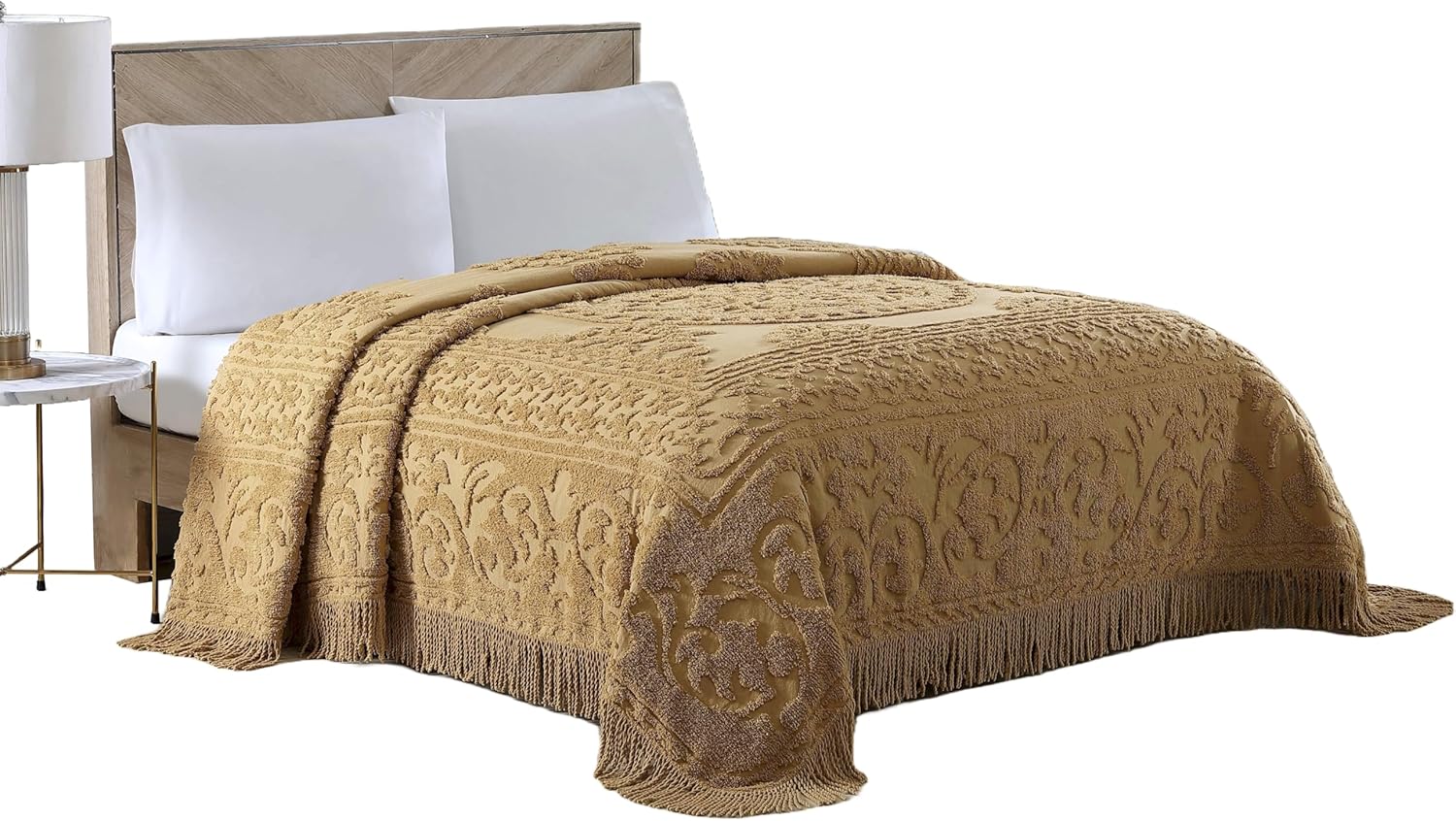 Medallion Chenille Bedspread in Gold for Full Beds - Vintage Charm