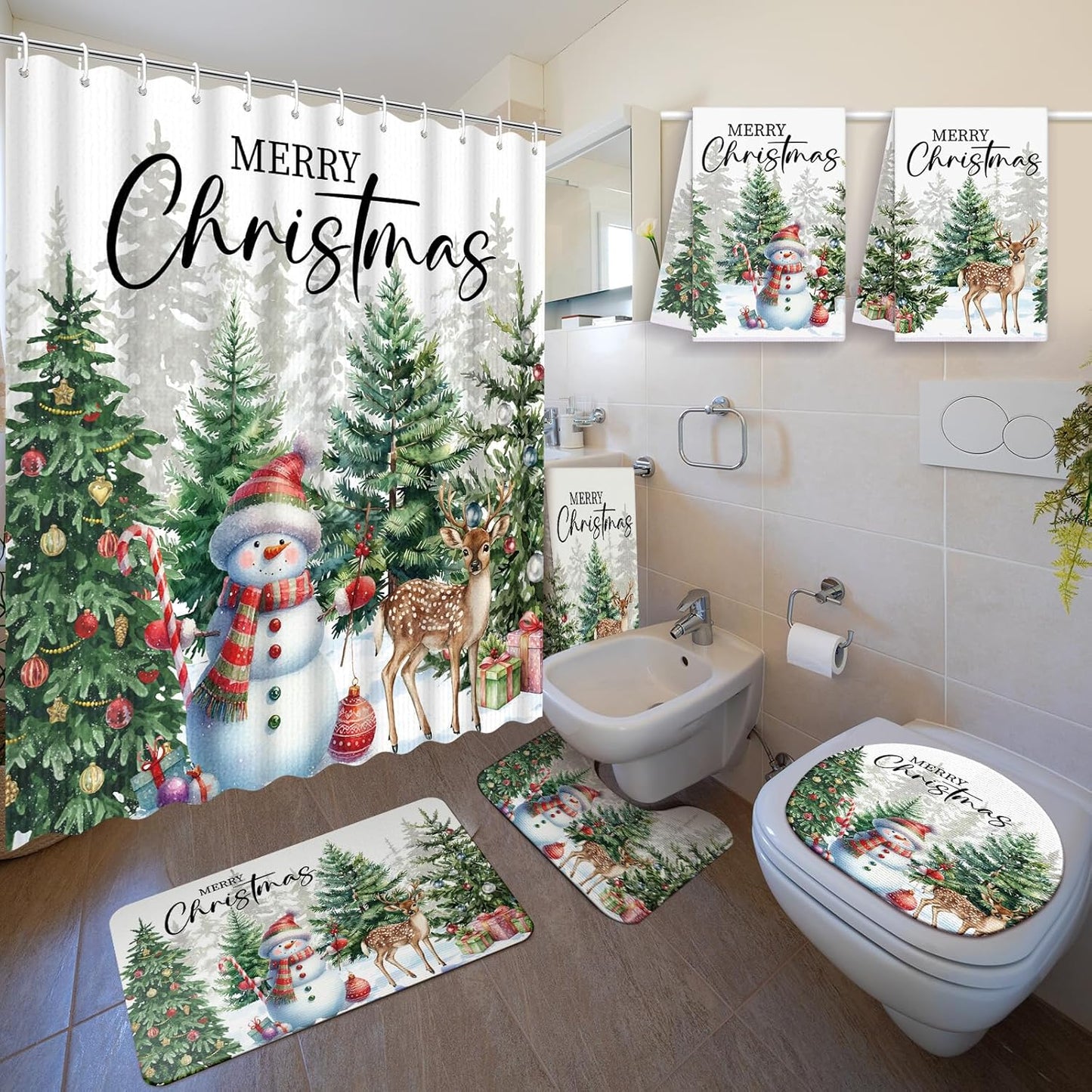 Christmas Shower Curtain Set with Rug and Towels for Festive Decor