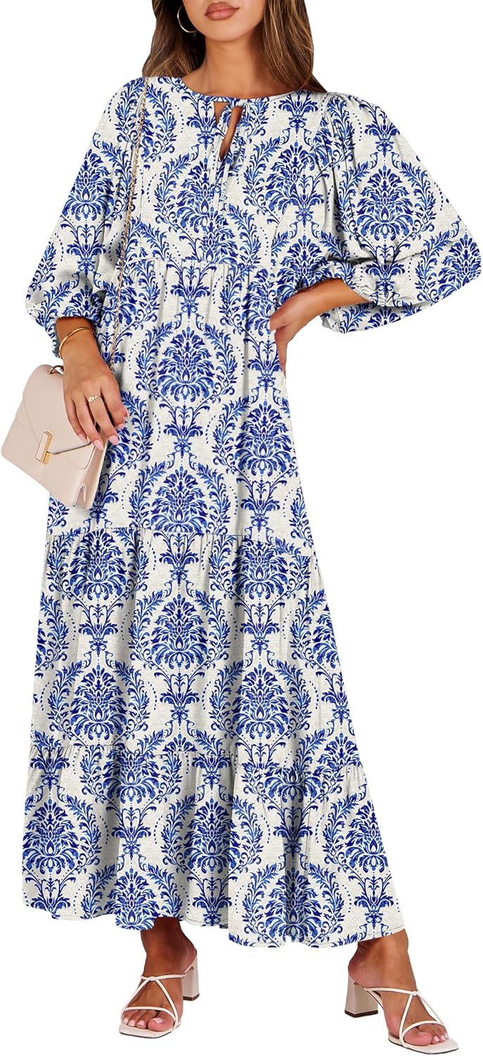 Boho Maxi Dresses for Women - Floral V Neck Puff Sleeve Style
