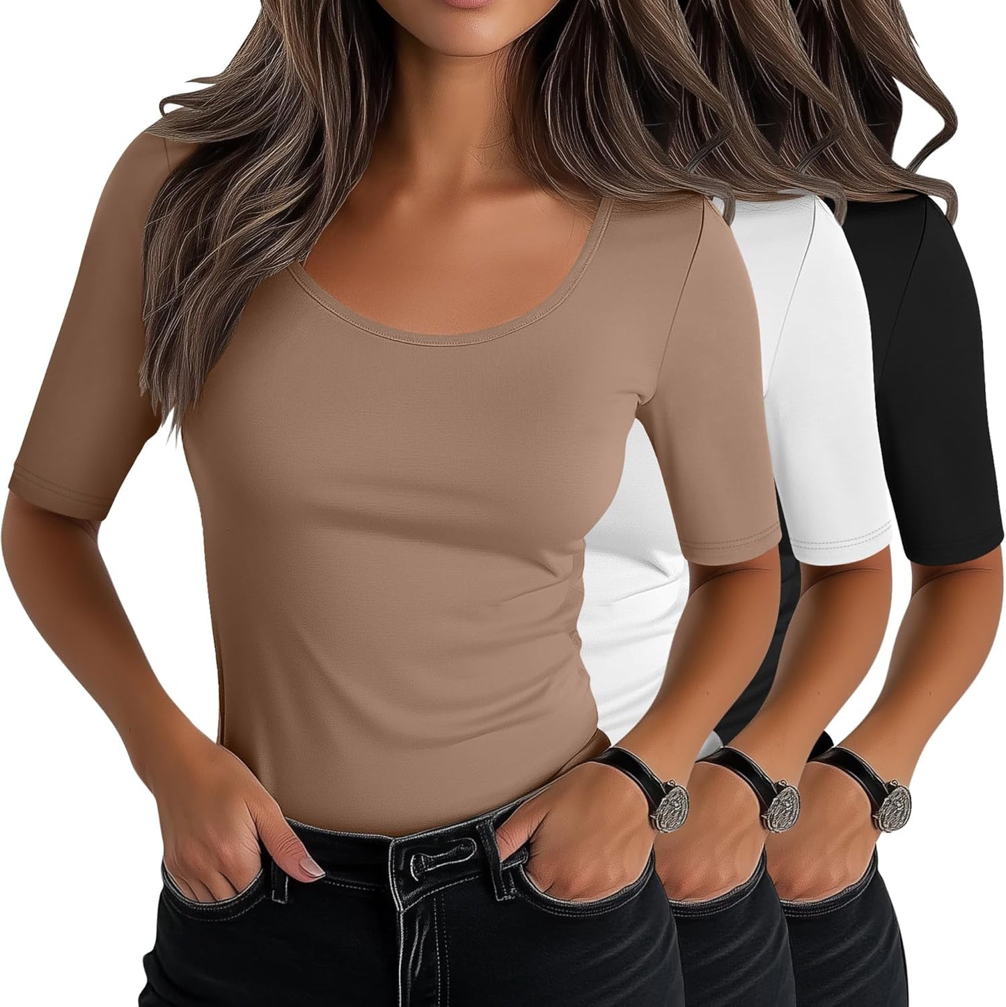 Neer Women's Scoop Neck Stretchy Tops for Casual Summer Wear