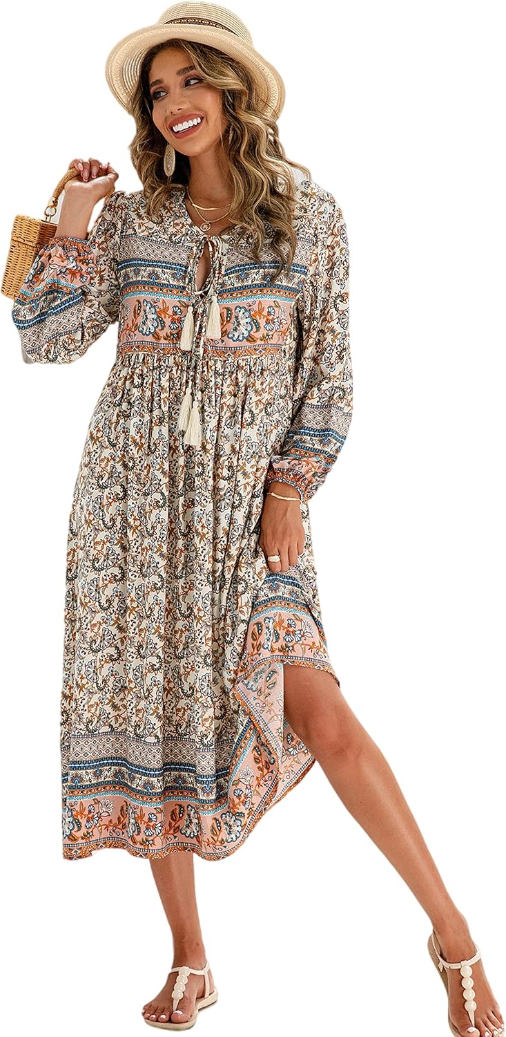 R.Vivimos Women's Long Sleeve Floral Print Bohemian Midi Dress