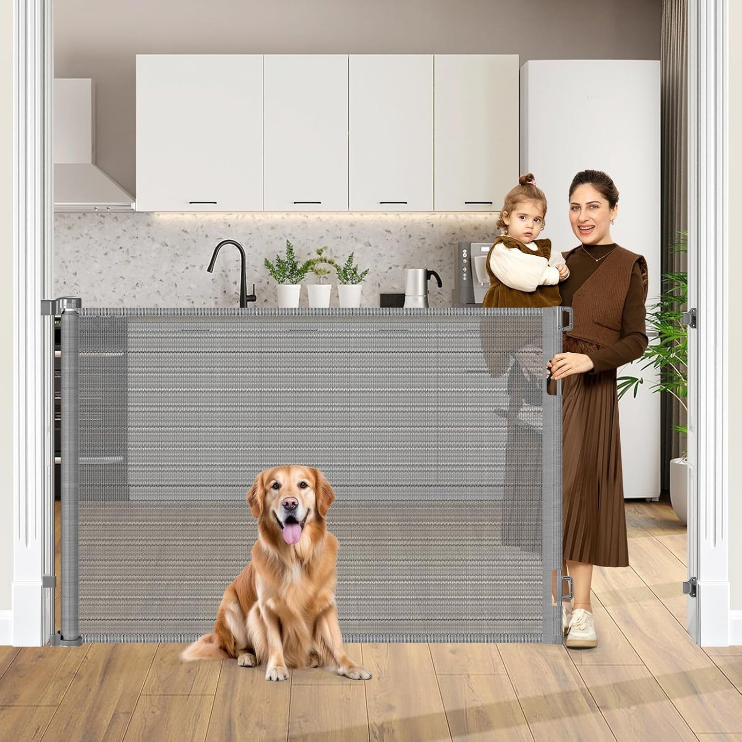 42in Tall Retractable Dog Gates for Large Openings - Gray