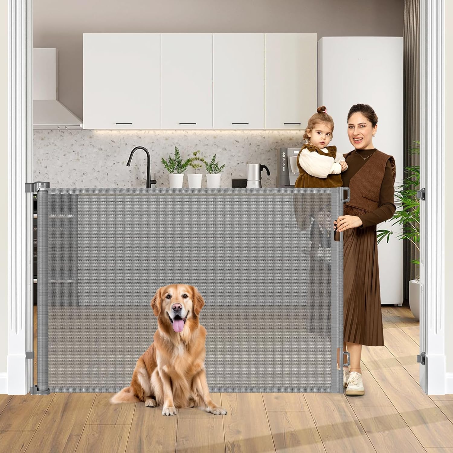 42in Tall Retractable Dog Gates for Large Openings - Gray