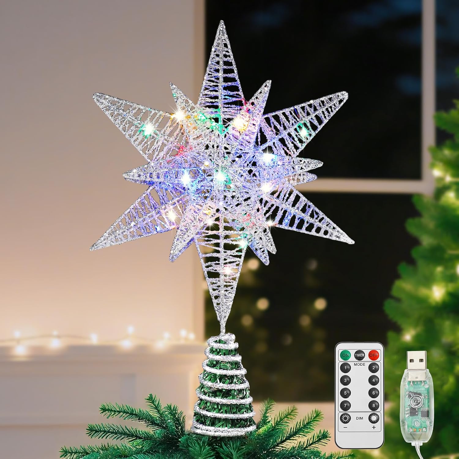 Lewondr Christmas Star Tree Topper with Remote Control & Timer