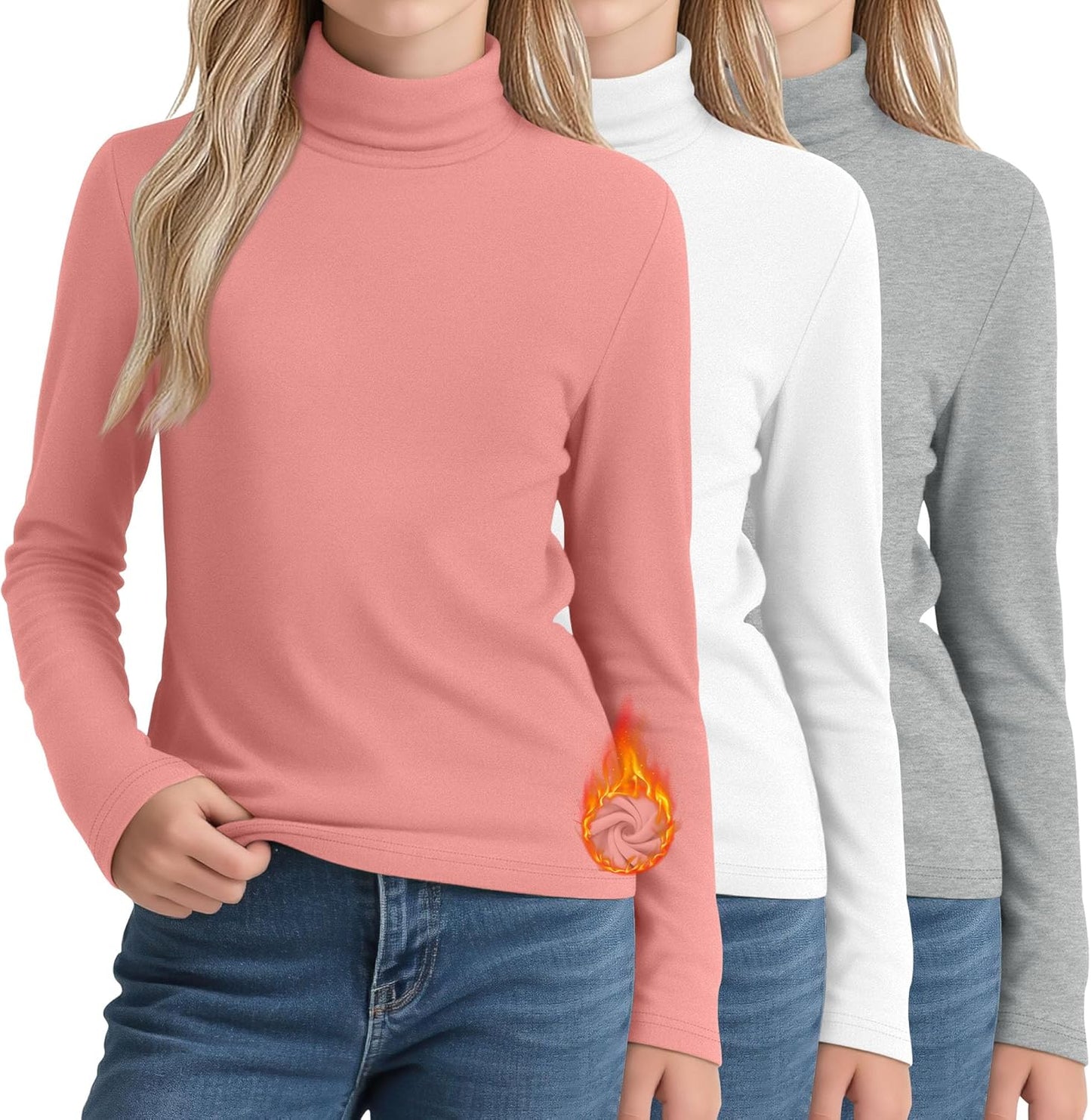 3 Pack Girls Turtleneck T Shirt for Cozy Winter Wear