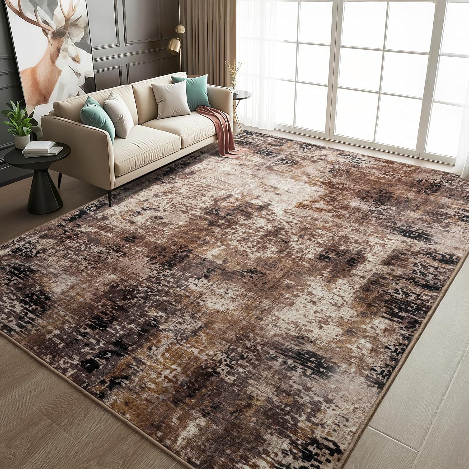 Modern Non Slip 8x10 Brown Red Area Rug for Living Room