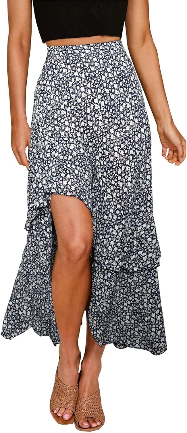 BTFBM Women Boho Long Skirts Dress Floral Print High Low Maxi