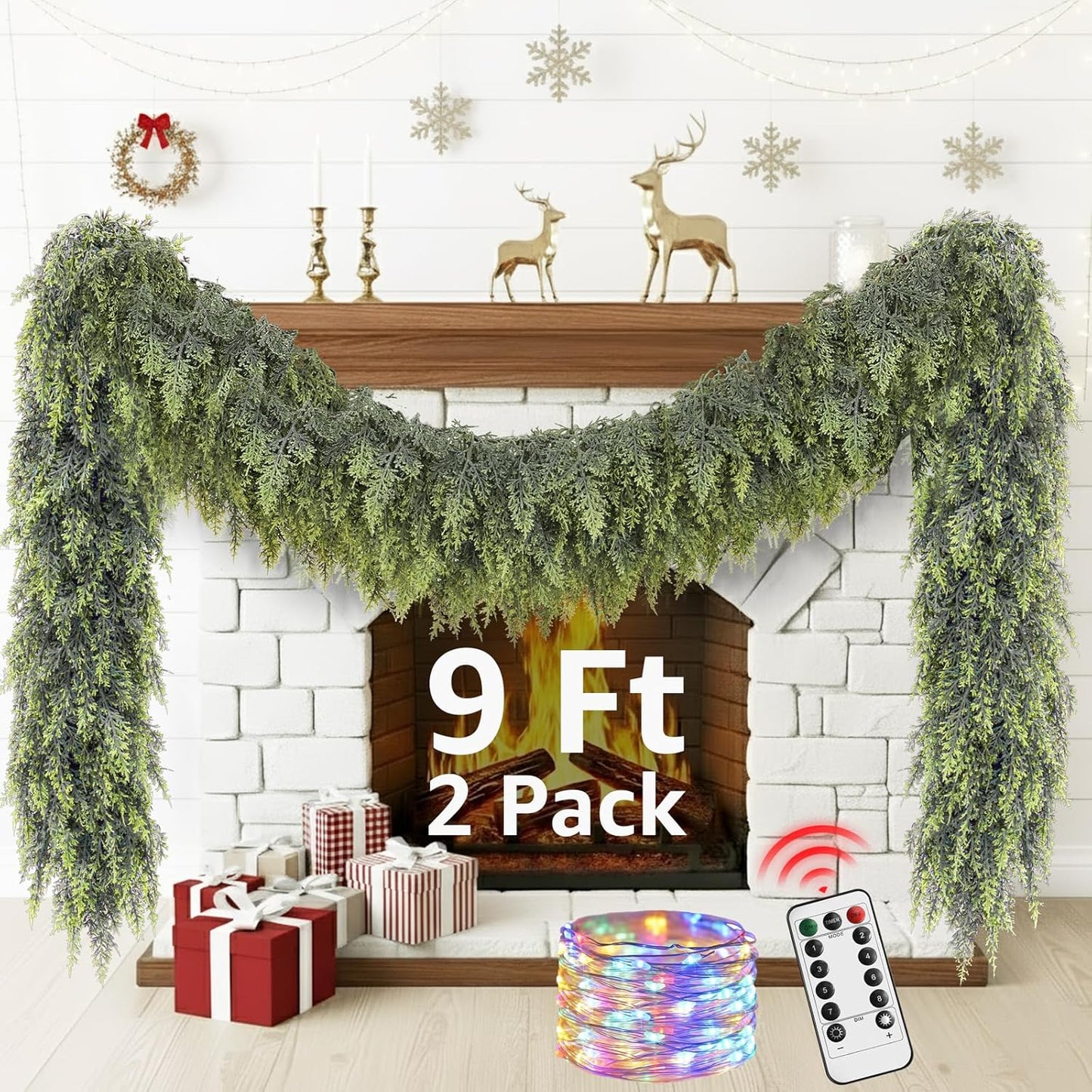 Cedar Christmas Garland with Lights for Mantle - 9ft Decor