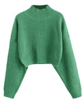 Cropped Turtleneck Sweater Lantern Sleeve Ribbed Knit - Cozy Crop out