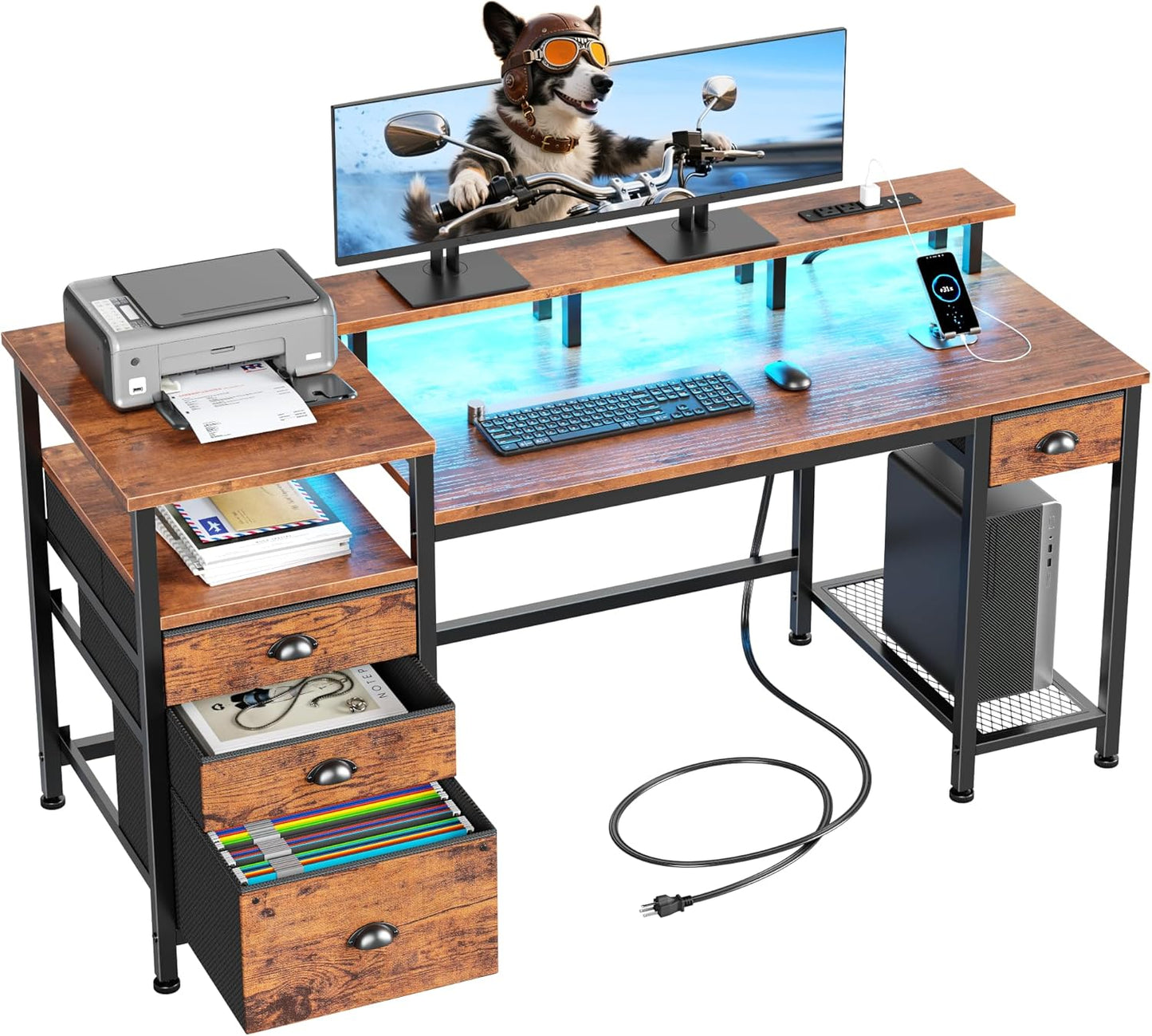 Furologee 60 Inch Computer Desk with LED Lights and Storage
