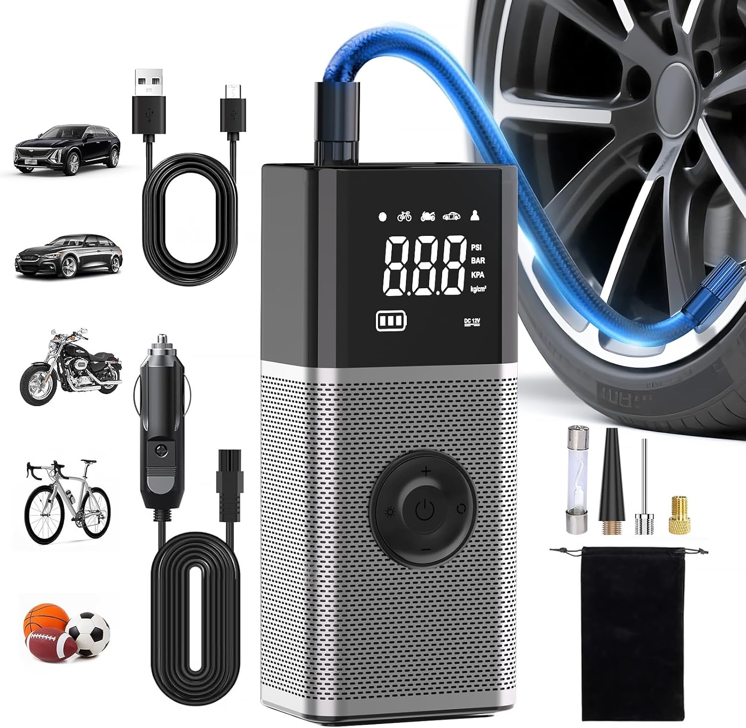 Portable Tire Inflator with Rechargeable Battery for Fast Inflation