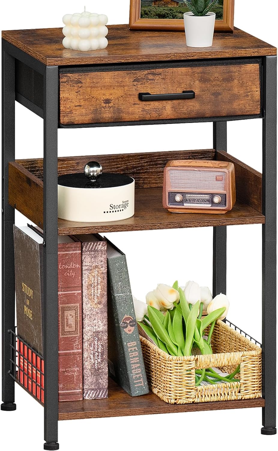 Industrial End Table with Fabric Drawer for Modern Spaces