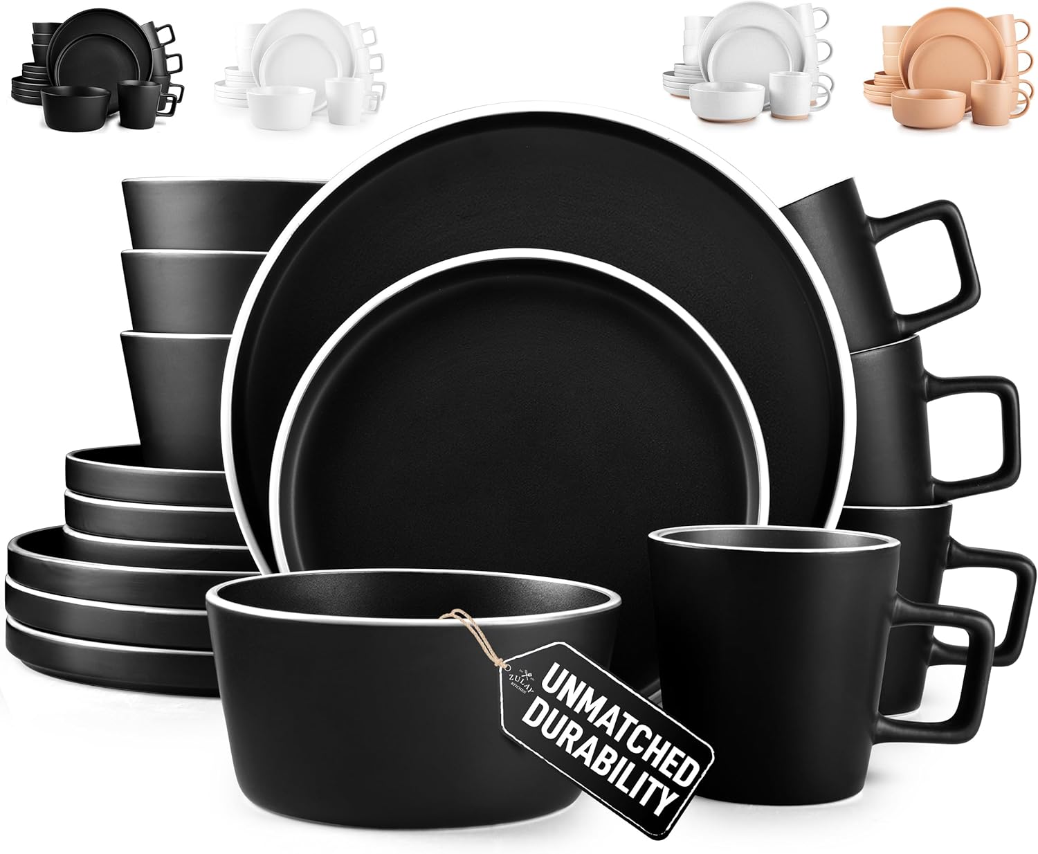 Zulay Kitchen Terra Stoneware Dinnerware Set for 4 - Black Matte