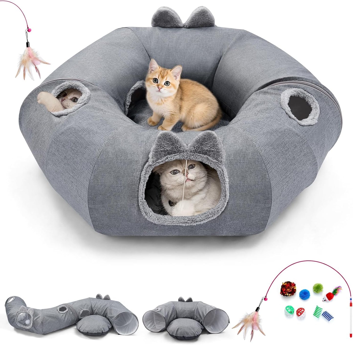 Odoland Summer Linen Cat Tunnels with Cooling Cat Bed Set