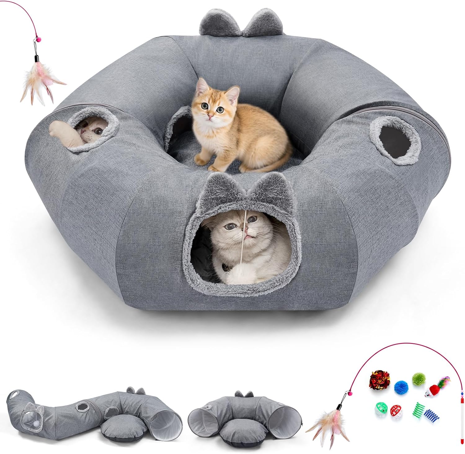 Odoland Summer Linen Cat Tunnels with Cooling Cat Bed Set