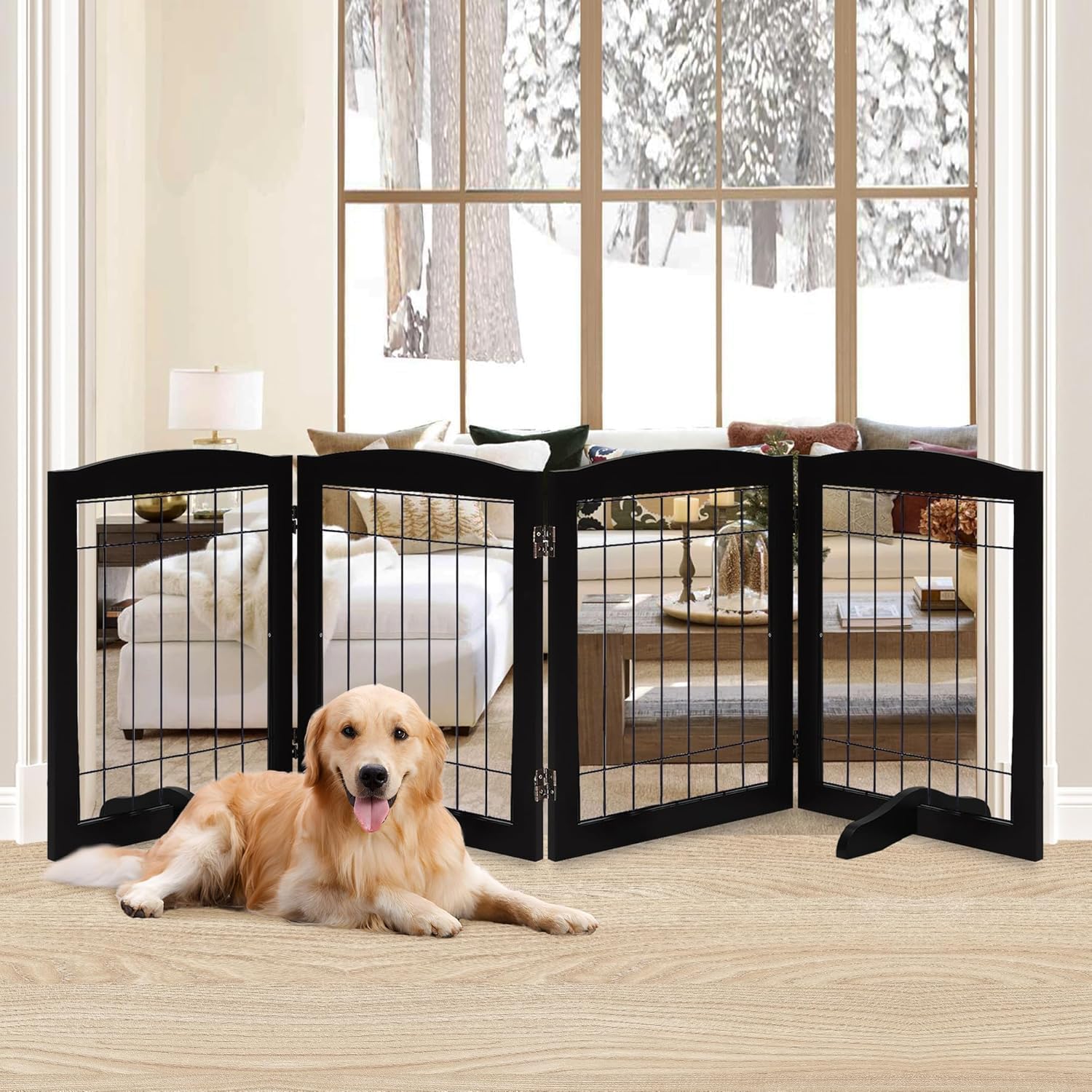 LZRS 4-Panel Freestanding Wooden Dog Gate for Indoor Use