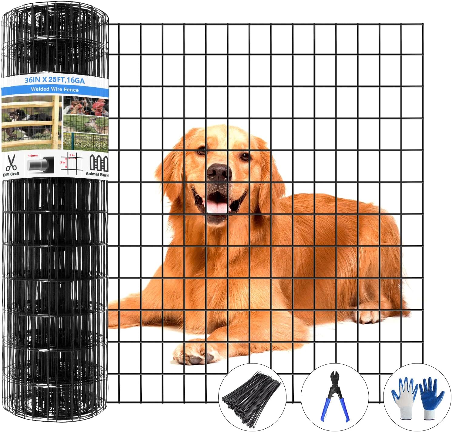 Welded Wire Fence 25ft x 36in for Dogs and Chickens, Black