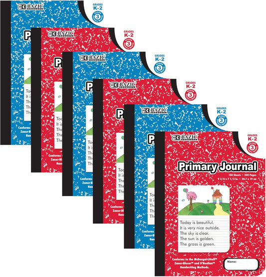 6-Pack Primary Journal Notebook Set by BAZIC: Ideal Grades K-2 Learning Aid